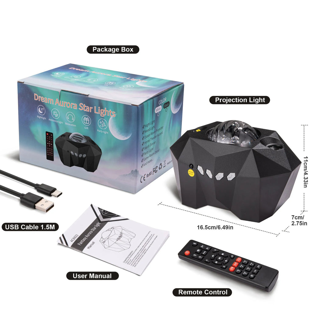 LED dream aurora ocean star light projector in black with remote control and USB cable