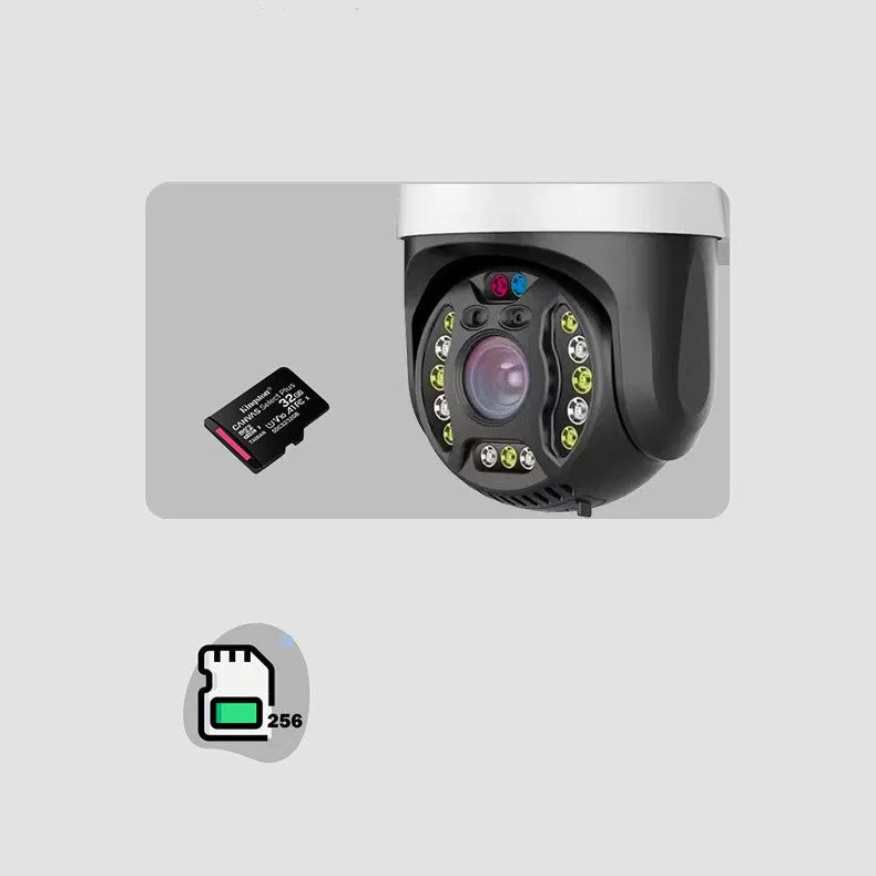 Outdoor dome surveillance camera with 360-degree rotation on a wall mount, showing its compact size.