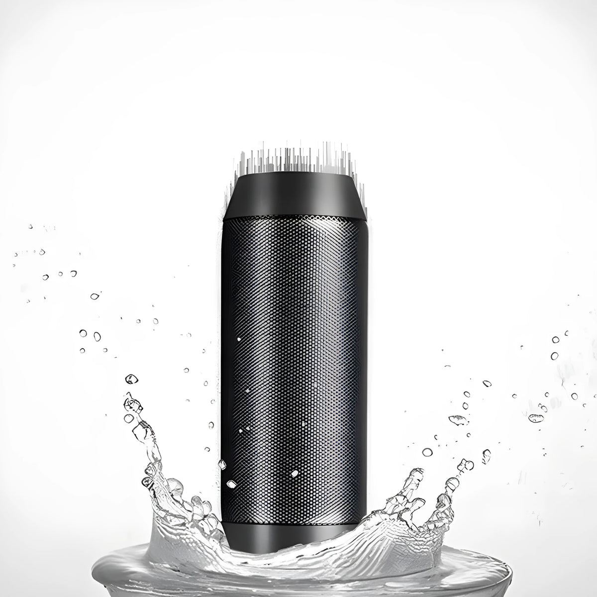 Black Bluetooth speaker with metal shell, colourful LED lights, and button controls on a desk