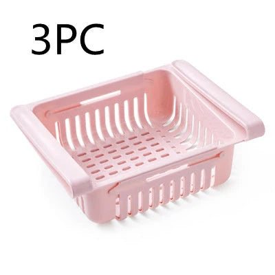 Stretchable refrigerator storage basket in white, blue, pink, and apricot colours