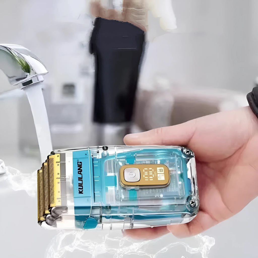 Transparent three-net barber shaver with full body washable design, available in multiple colours including silver, blue, gold, and gradient