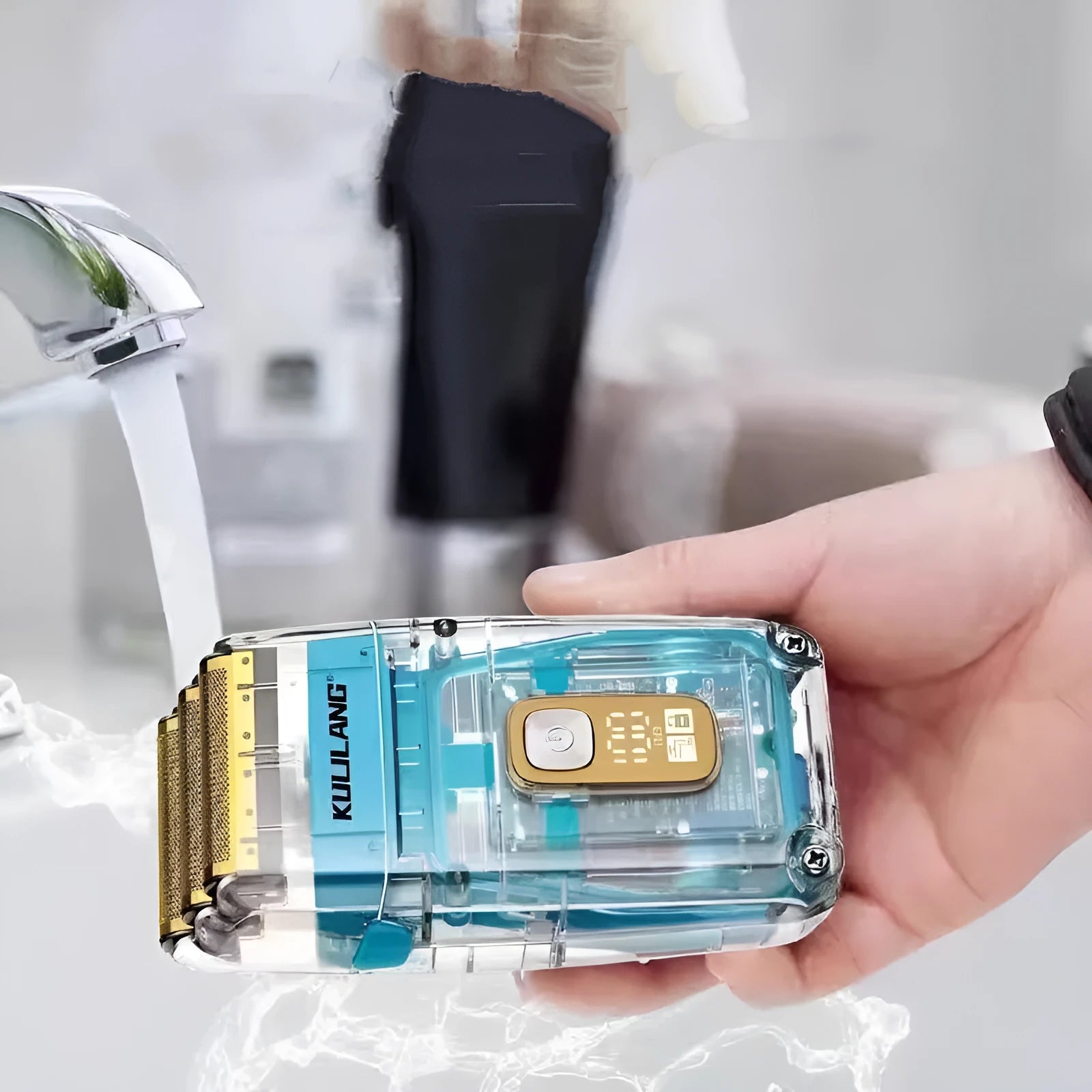 Transparent three-net barber shaver with full body washable design, available in multiple colours including silver, blue, gold, and gradient