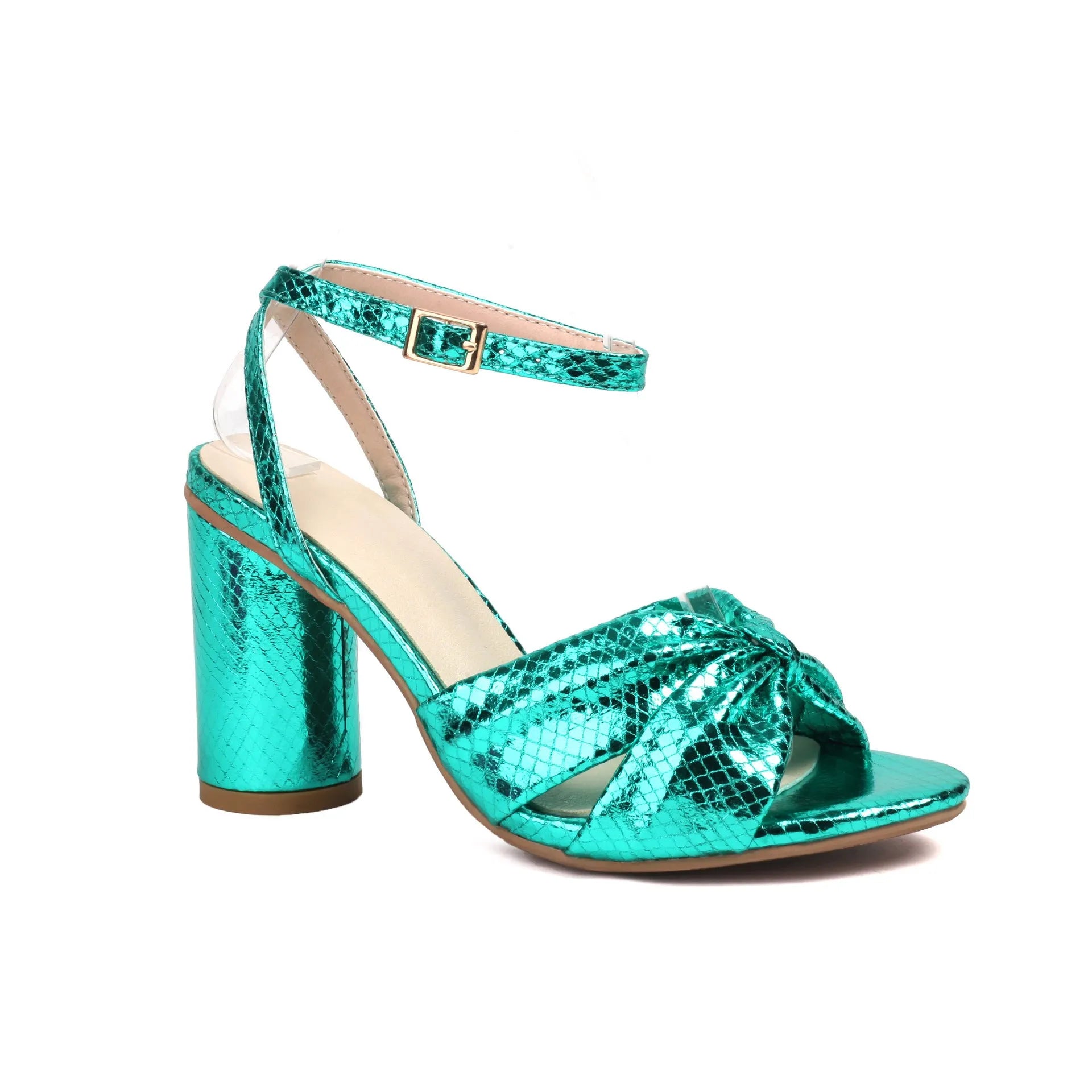 Gold women's high heel peep toe sandals with an ankle buckle on a white background.
