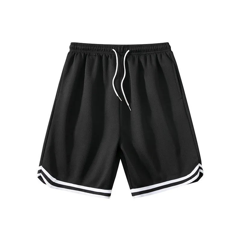 Men's loose-fit polyester summer shorts in multiple colours on a size chart