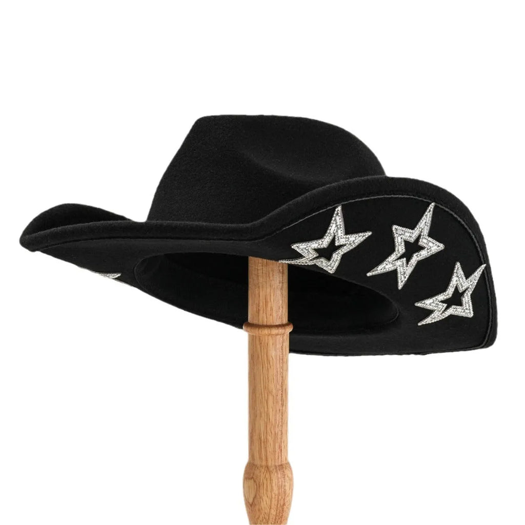 Beige woolen felt Western-style top hat with a conical crown and a silver hexagonal star decoration on the front.