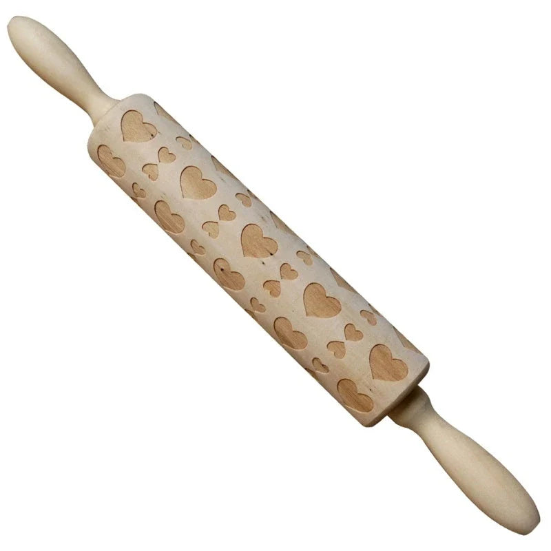 Wooden Christmas embossing rolling pin with non-stick surface for festive baking