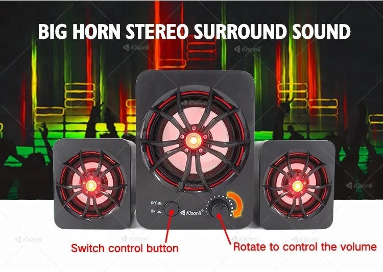 Green USB 2.1 computer speaker with colourful LED glow lights and a 150 cm connection cable.