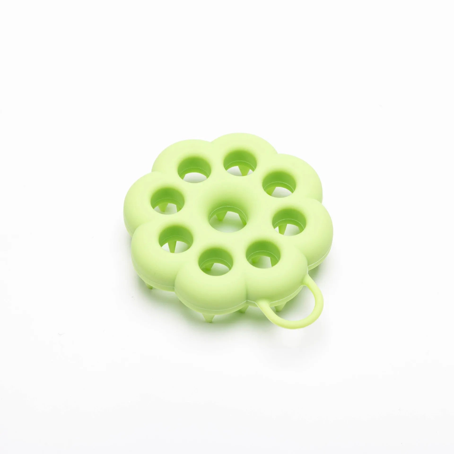 Silicone pet grooming brush with ergonomic handle shown in multiple colours: blue, green, orange, pink, purple.