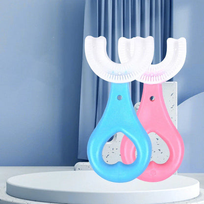 U-shaped children's soft rubber toothbrush in various colors including pink, blue, and long options