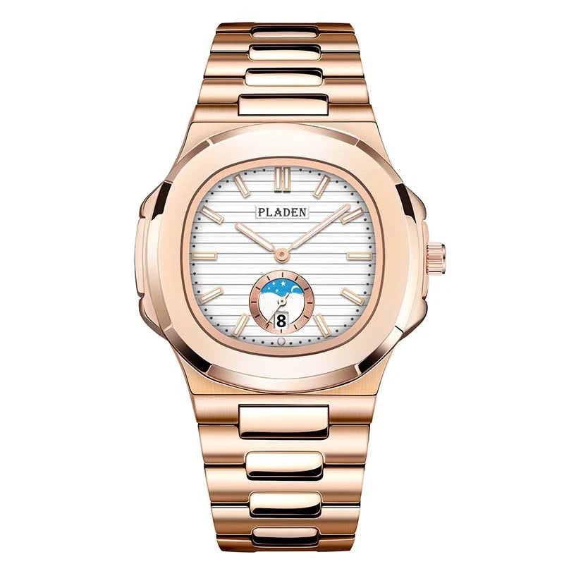 Men's waterproof quartz watch with stainless steel strap and luminous display