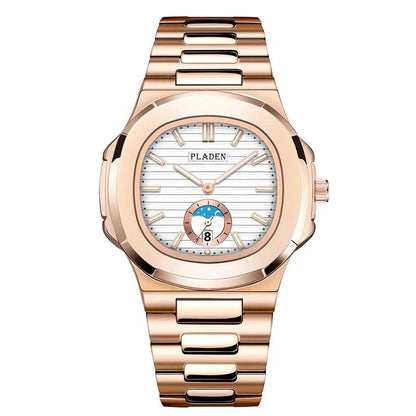 Men's waterproof quartz watch with stainless steel strap and luminous display