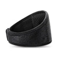 Black self-heating magnetic neck guard with adjustable shoulder strap shown laid flat.