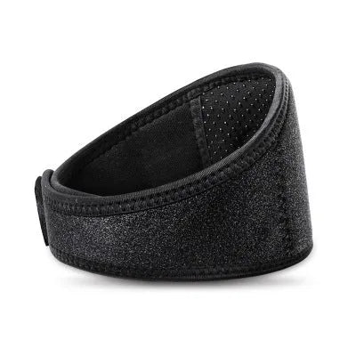 Black self-heating magnetic neck guard with adjustable shoulder strap shown laid flat.