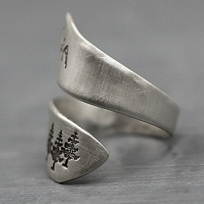 Mountain forest opening adjustable ring in ancient silver, lightweight and durable alloy construction