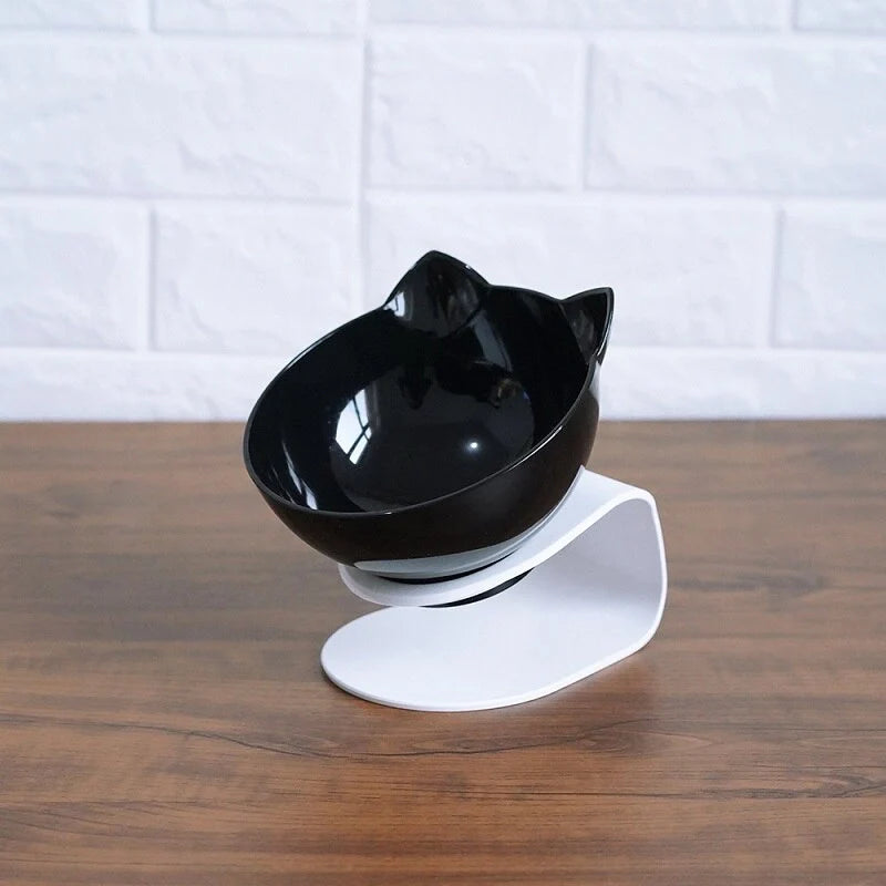Cat Double Bowl with 15° tilt design for cervical support, transparent cat head and ears, food-grade plastic