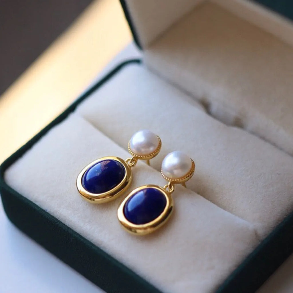 Natural lapis lazuli pearl earrings in sterling silver with auspicious patterns.