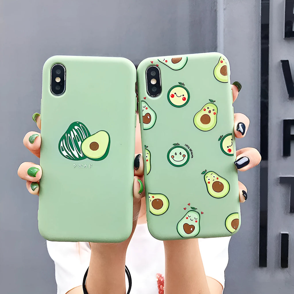 Green cartoon avocado design on a flexible black TPU phone case for iPhone.