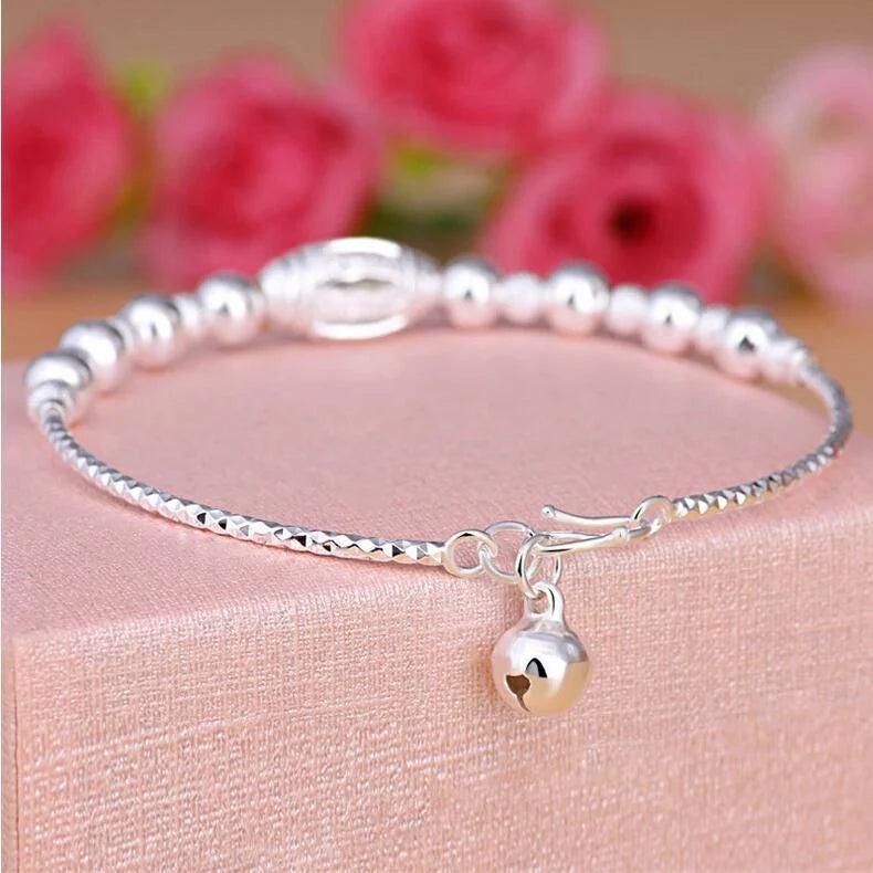 Adjustable copper plated silver bell transfer bead bracelet for women
