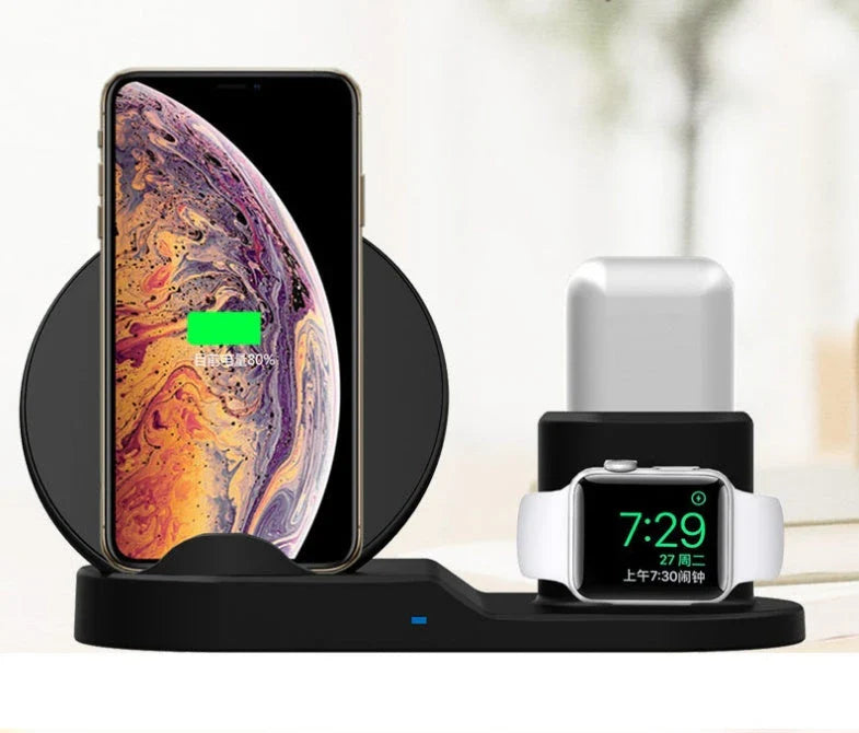 Premium 3-in-1 wireless charging station for Apple devices, including iPhone, AirPods, and Apple Watch, with fast-charging capabilities, safety features, and comprehensive compatibility.