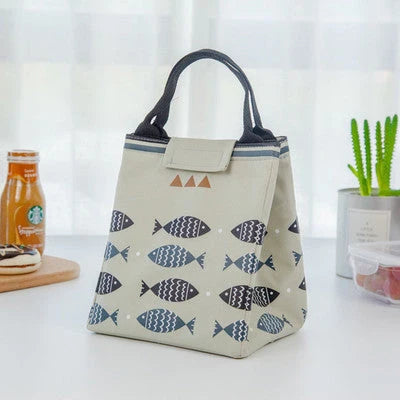 Insulated picnic mini handbag in yellow, light grey, dark grey, and navy blue with cartoon design