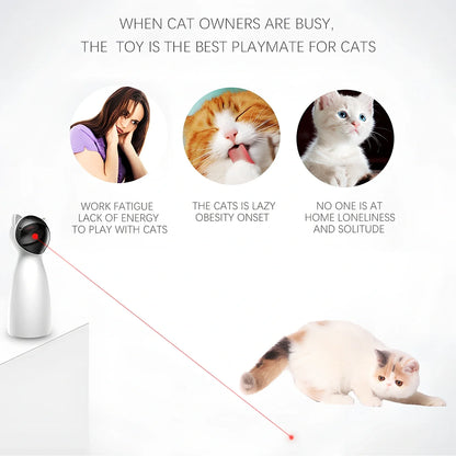 White automatic rotating laser cat toy, 80x80x180mm, with adjustable ranges for pet exercise