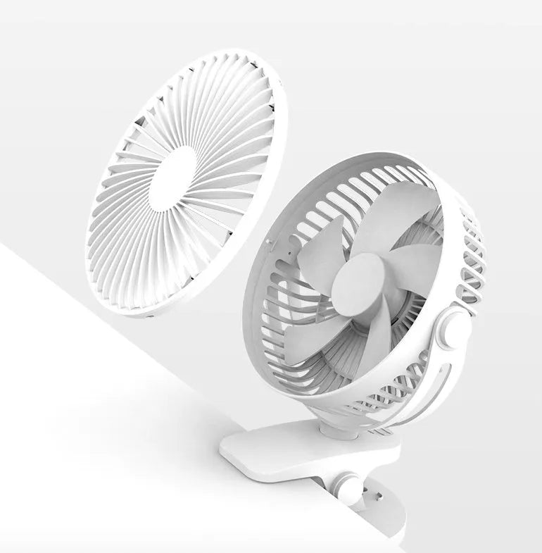 USB clip fan in white mounted on a desk edge with 135mm blades and USB cable