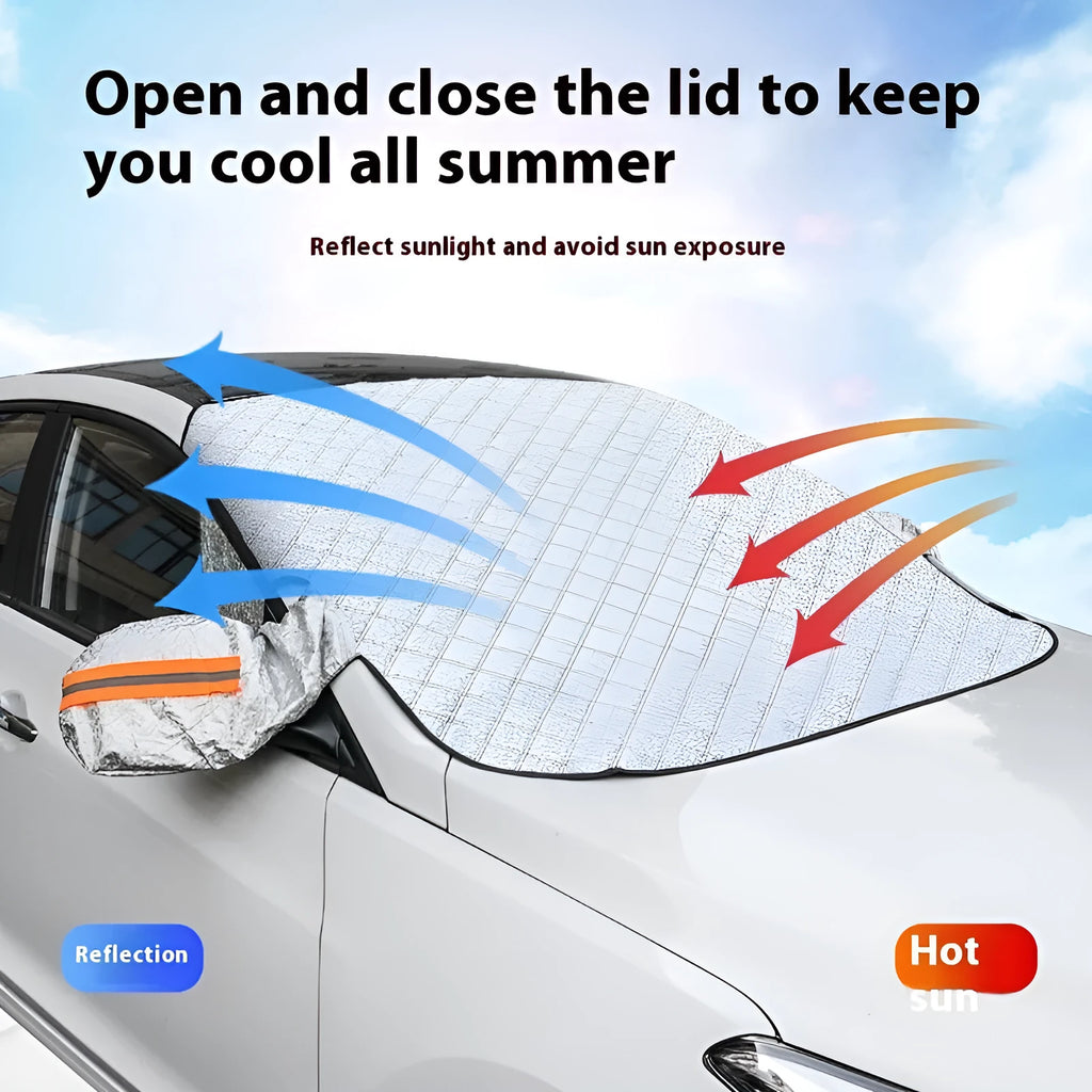 Large aluminium foil winter car cover with magnetic attachment and reflective stripes for SUV windshield frost protection
