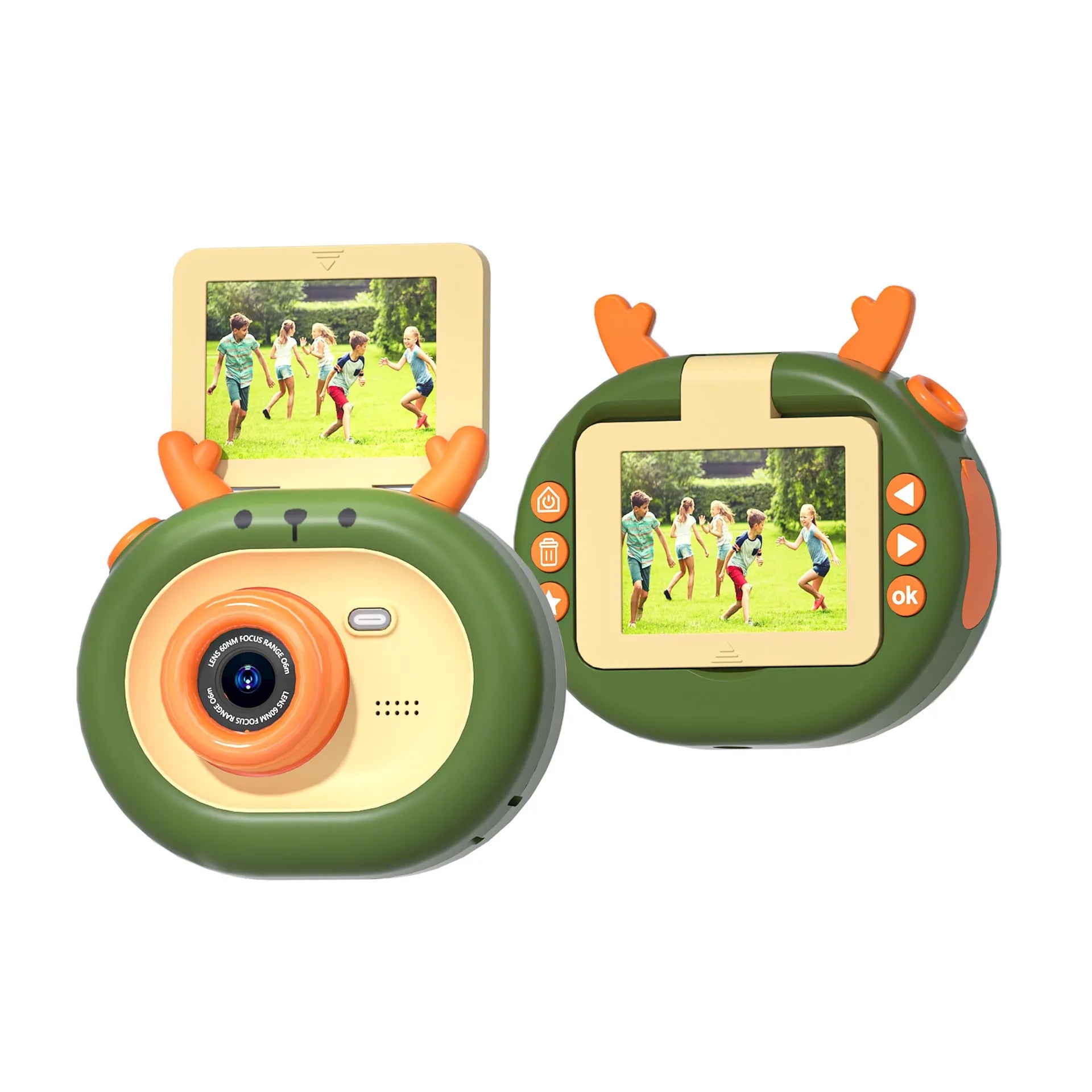 Purple children's digital camera with flip screen, silicone lanyard, and USB cable on a cartoon map.