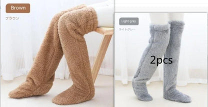 Cozy over-the-knee fuzzy socks in various colors, designed to keep your legs and knees warm during the winter season.