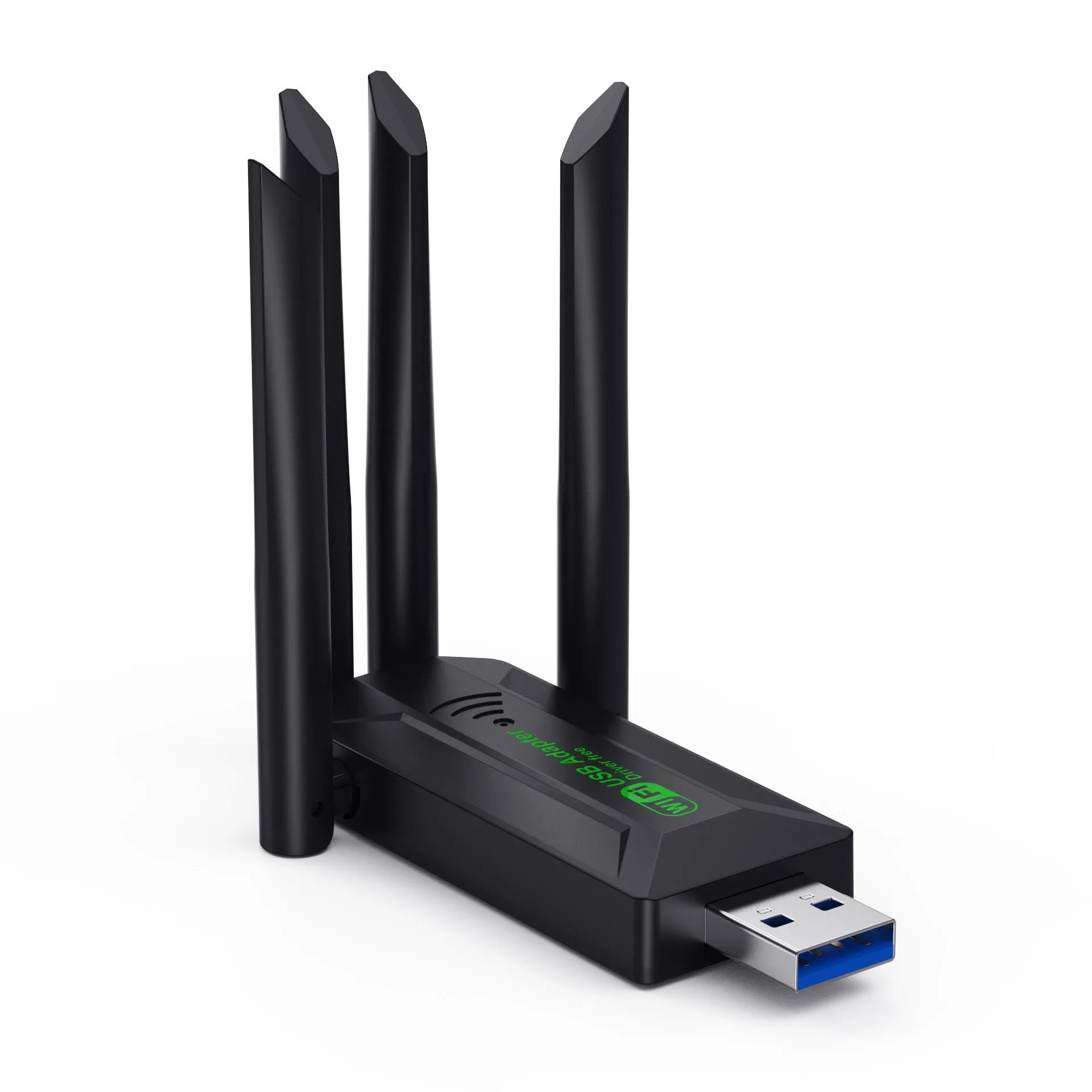 Black USB network transmitter with four extended antennas for computer wireless connectivity