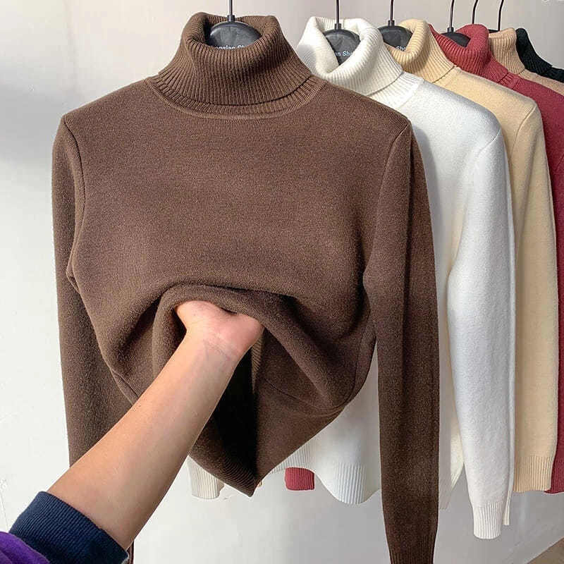 Women's turtle neck winter sweater in various colours, showcasing plush thickening and slim fit
