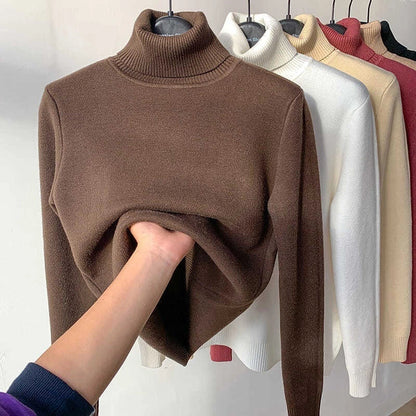 Women's turtle neck winter sweater in various colours, showcasing plush thickening and slim fit