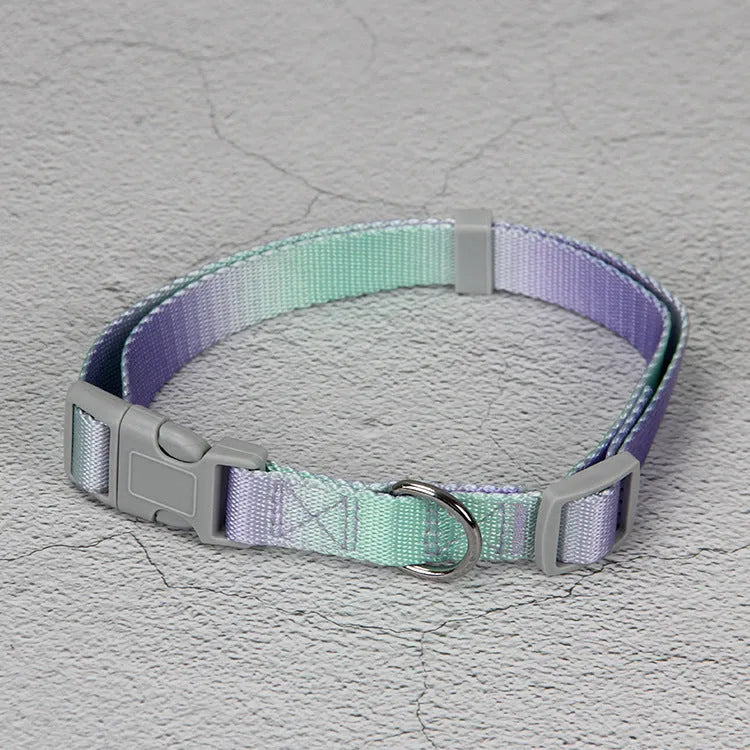 Gradient colour nylon dog leash set with matching collar and chest harness in pink blue pattern