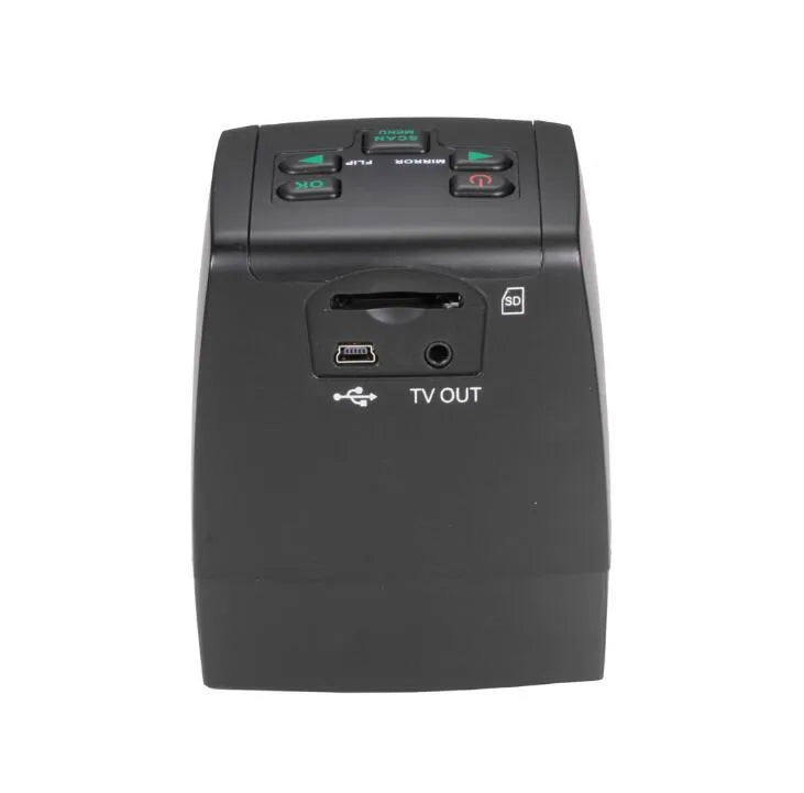 A compact grey film scanner for 135, 126, 110, and Super 8 negatives and slides, with a 2.4 inch LCD screen on the front.