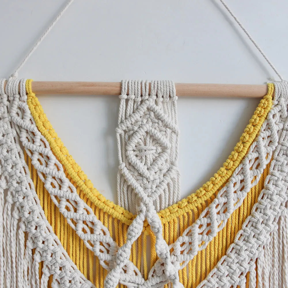 Nordic style hand-woven cotton tapestry wall hanging creamy-white yellow 120cm by 95cm rectangle