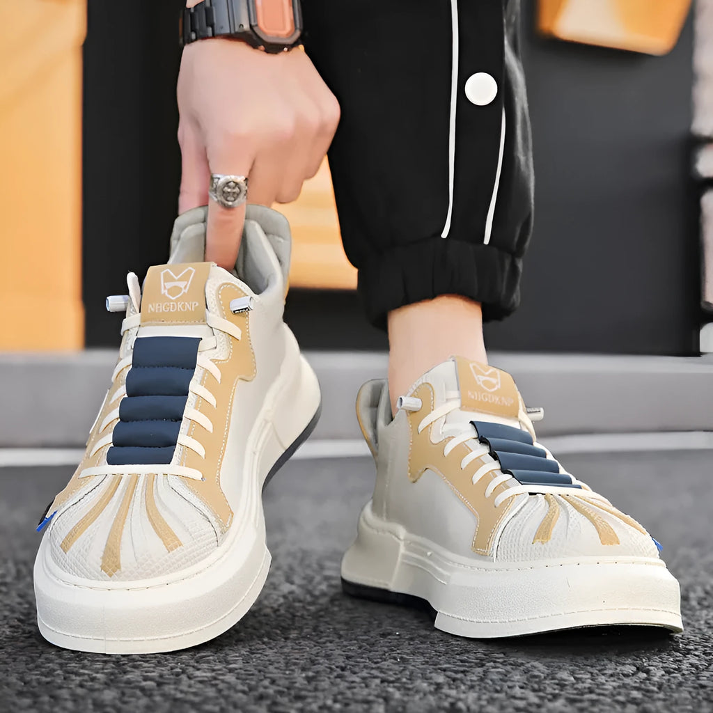 Men's low-top beige sneakers with elastic band and microfiber leather upper