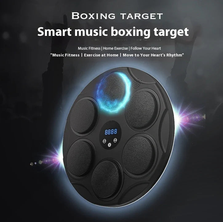Smart Bluetooth boxing target with coloured LED lights on black PU surface, wall-mounted fitness training equipment