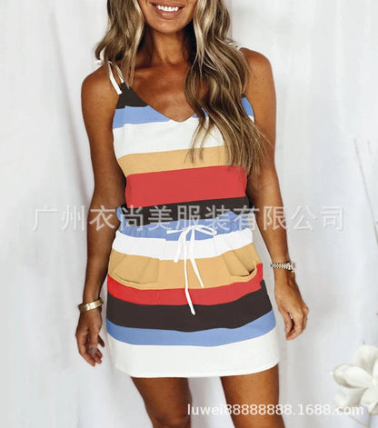 Women's cotton stripe drawstring summer dress with loose waist