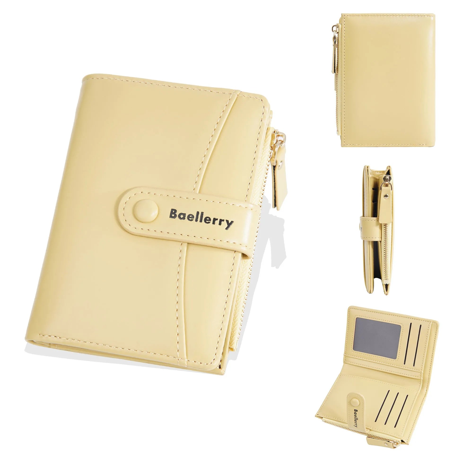 Short women's PU wallet in apricot colour showing waterproof exterior and interior polyester lining