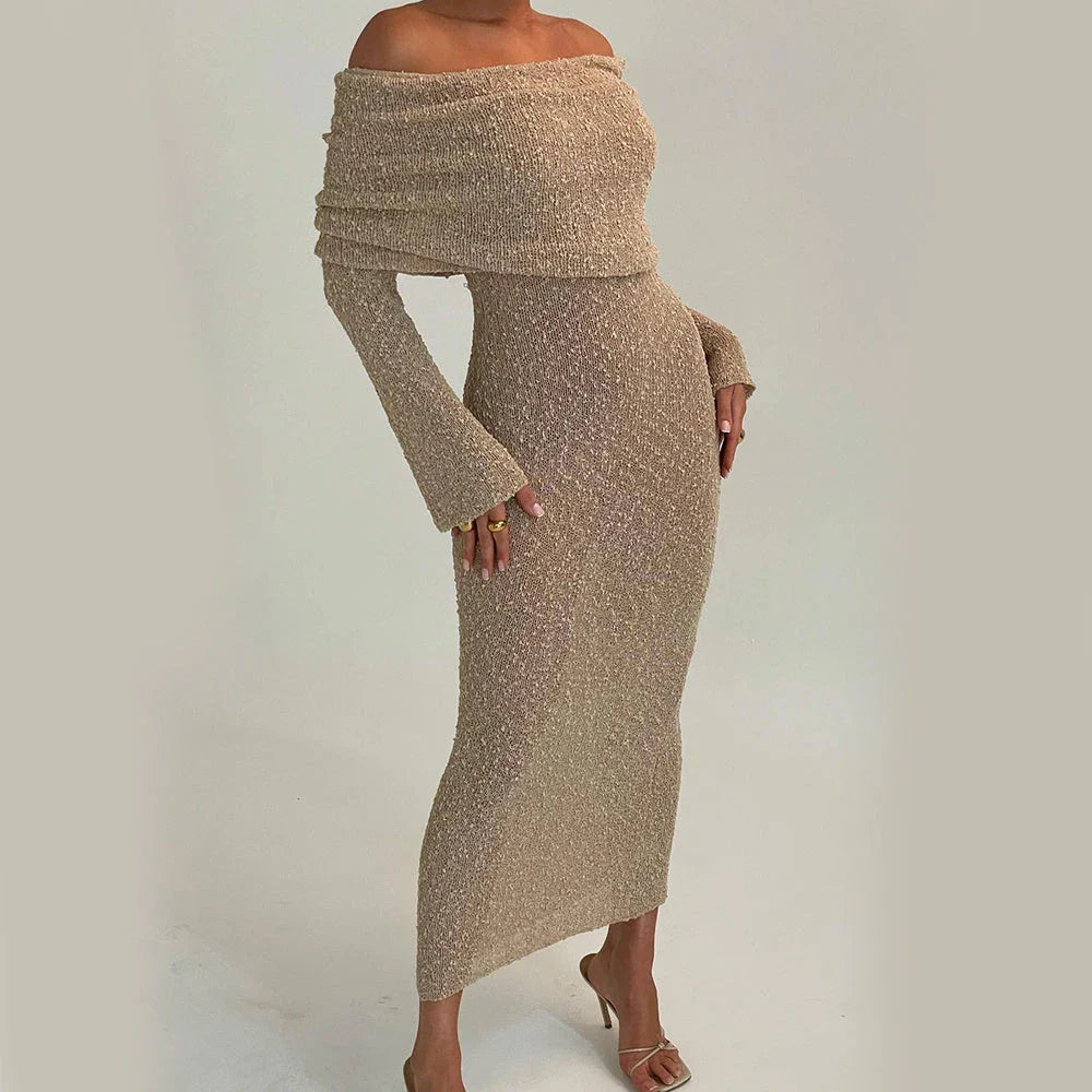 One-shoulder knitted maxi dress in various colors, including apricot, white, and black, with a flowing, high-waist design.