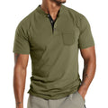 Plus size man wearing a light grey short sleeve polyester casual shirt with a button chest pocket.