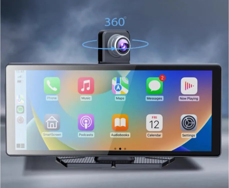 360° panoramic dash cam touchscreen mounted on car centre console with front and rear recording view