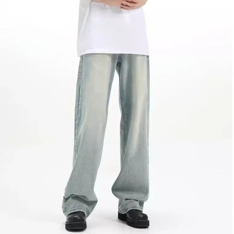 Blue retro loose-fit casual trousers made from rabbit fur fabric on a neutral background.