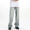 Blue retro loose-fit casual trousers made from rabbit fur fabric on a neutral background.