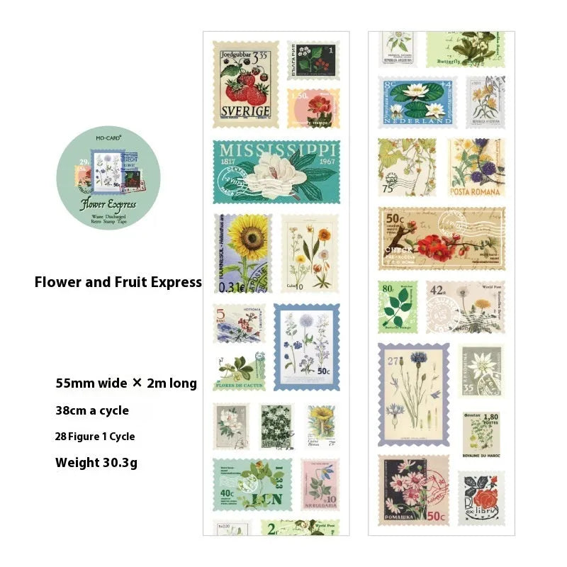 Retro DIY journal decoration coated paper stamp sticker roll showing 55mm width and sample designs from four collections