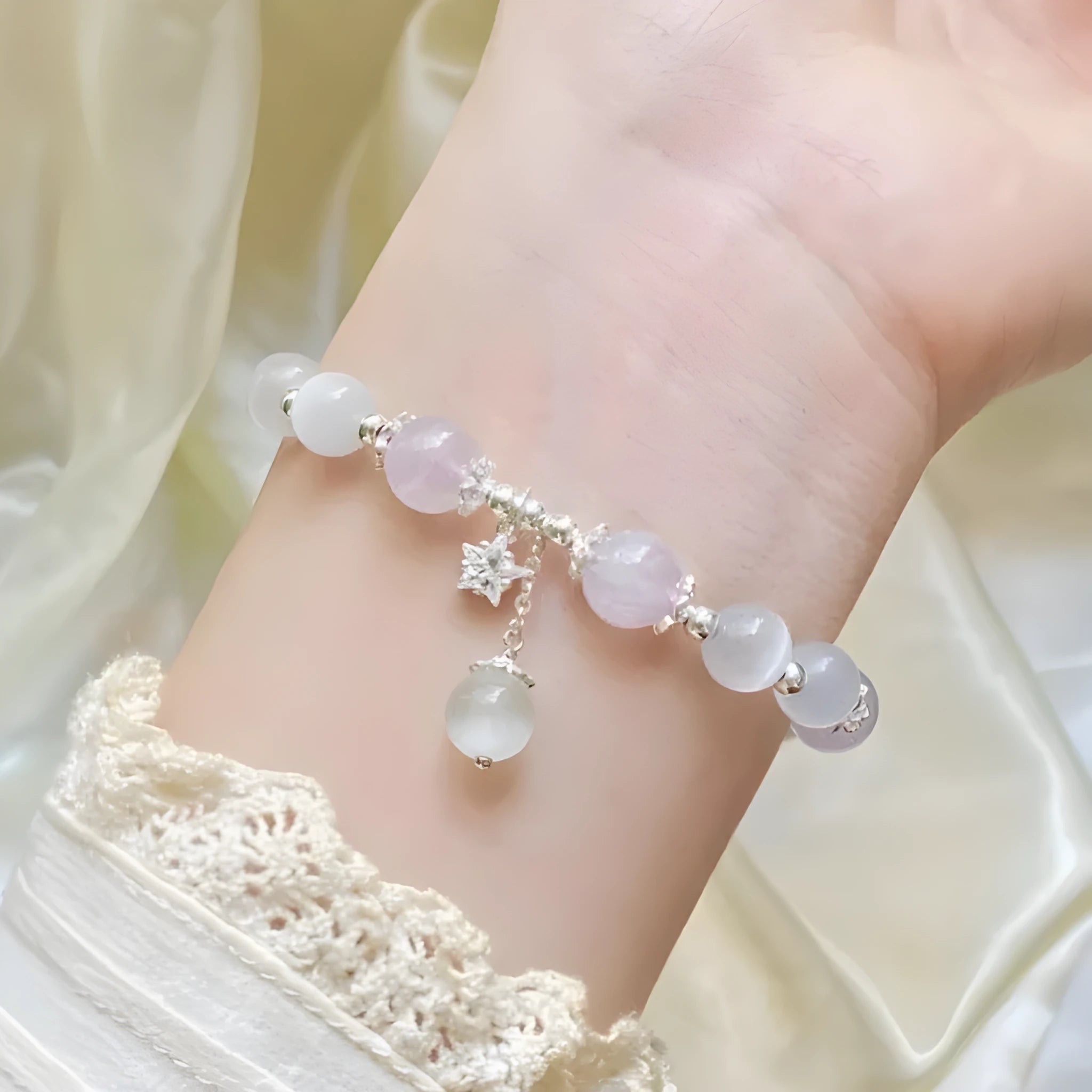 Handmade opal amethyst crystal bracelet with a cute moon shape charm.