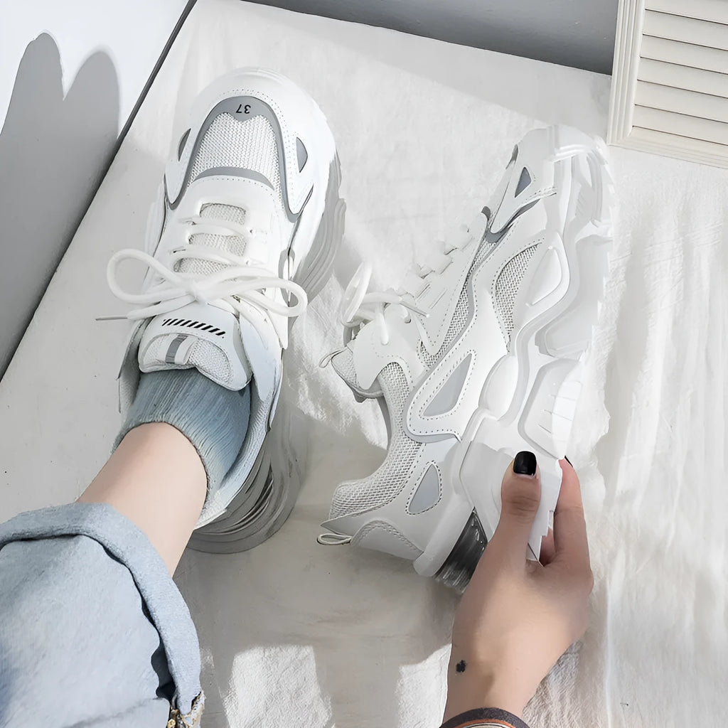 Women's thick-soled dad shoes casual sneakers low top flat heel solid colour white black beige mesh lining