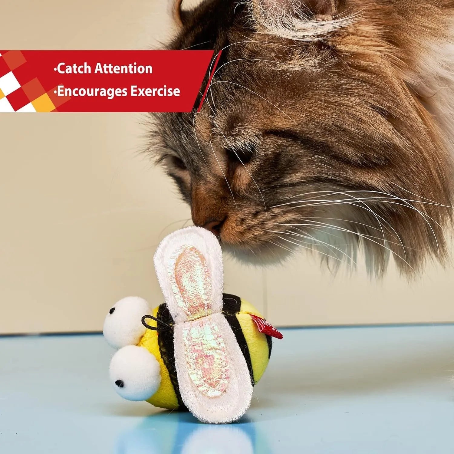 Yellow flannelette bee-shaped interactive cat toy with motion-activated sound electronics