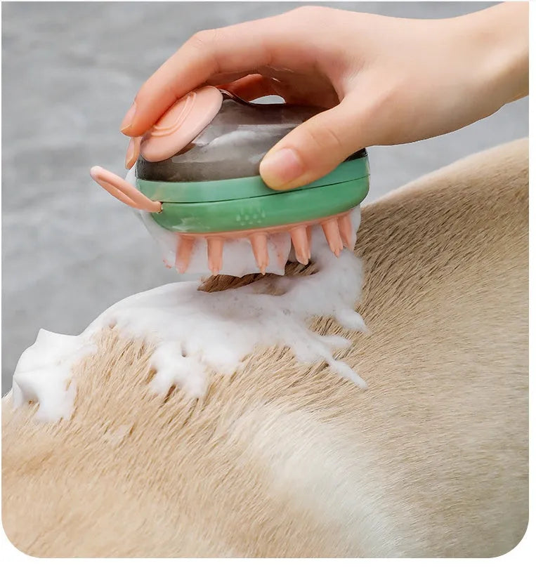 Blue pet bathing brush with shampoo dispenser and silicone bristles for cats and dogs