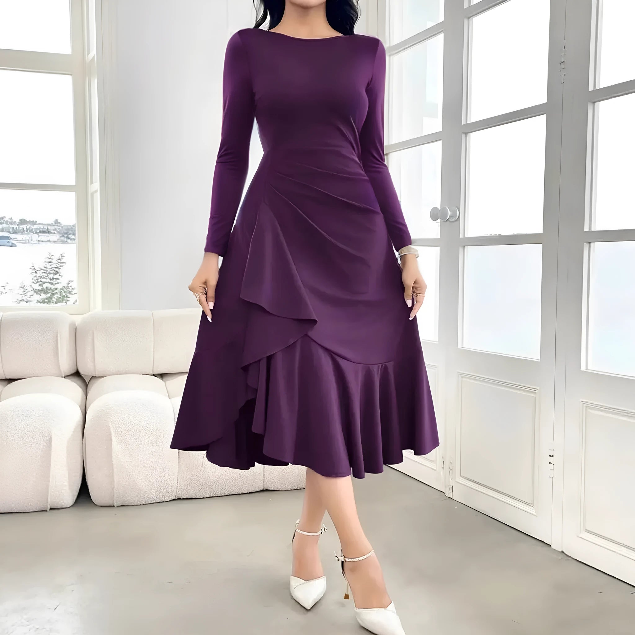Purple women's long sleeve dress with ruffles and a round neck, showing a mid-waist fit.